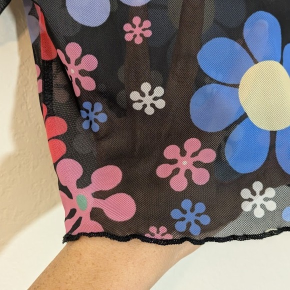 Retro 90s Style Mesh Festival Crop Top Rave Grunge Psychedelic Flowers Small - Picture 3 of 3
